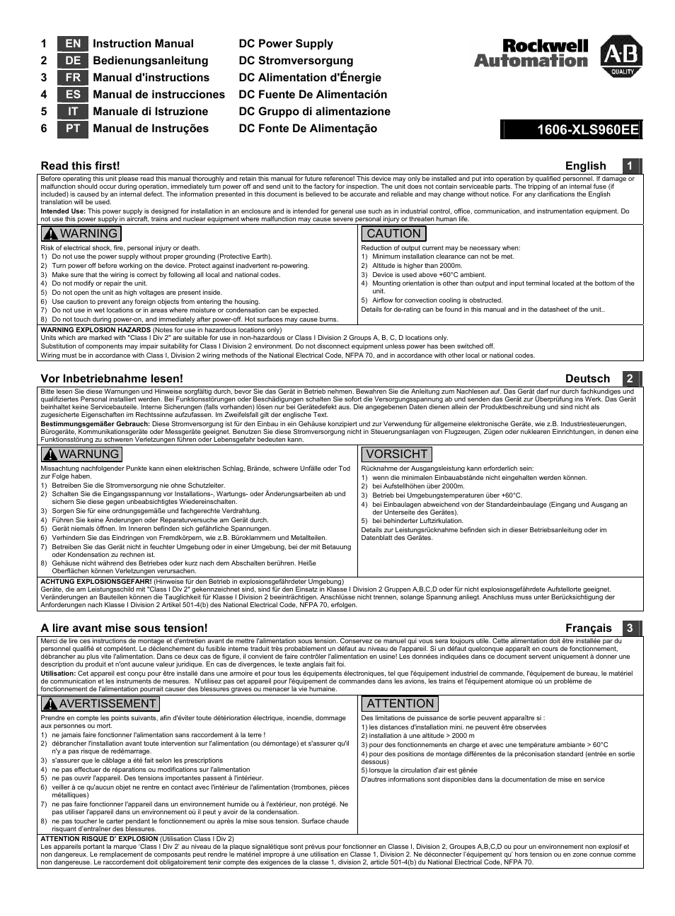 Rockwell Automation 1606-XLS960EE DC Power Supply User Manual | 4 pages