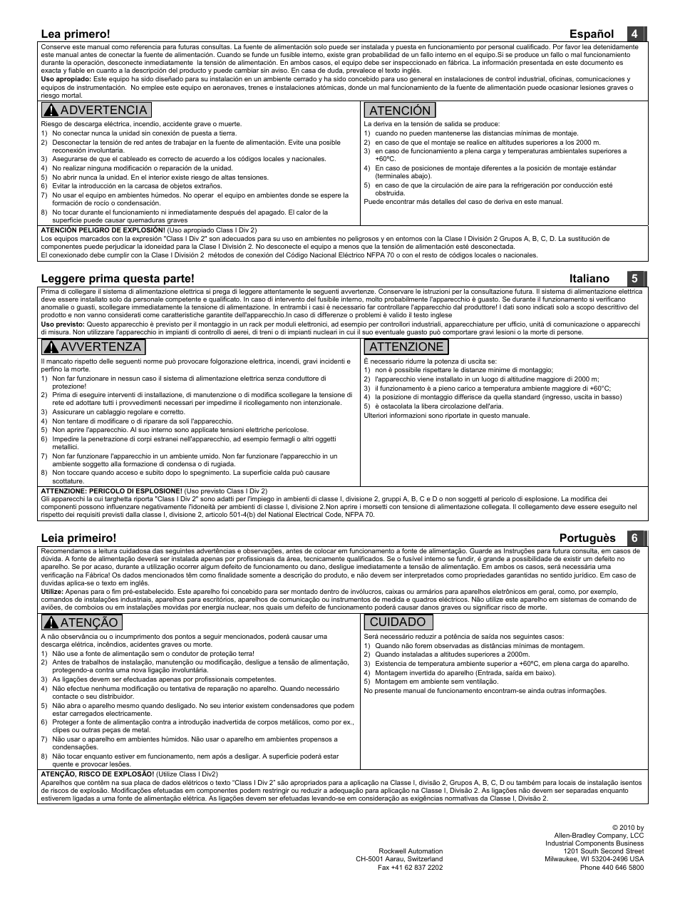 Lea primero! español 4, Advertencia, Atención | Leggere prima questa parte! italiano 5, Avvertenza, Attenzione, Leia primeiro! portuguès 6, Atenção, Cuidado | Rockwell Automation 1606-XLS960EE DC Power Supply User Manual | Page 2 / 4