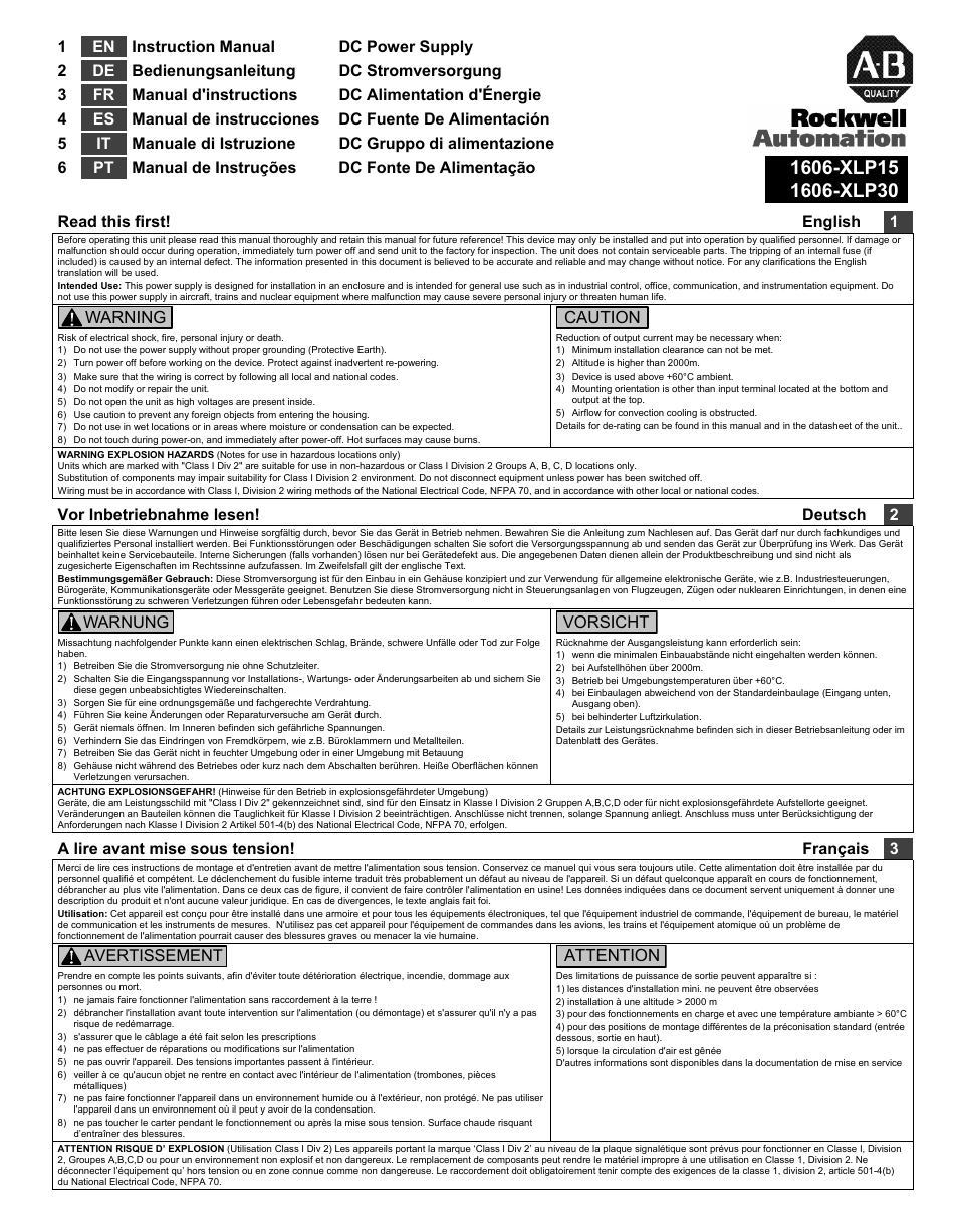 Rockwell Automation 1606-XLP15_XLP30 DC Power Supply User Manual | 4 pages