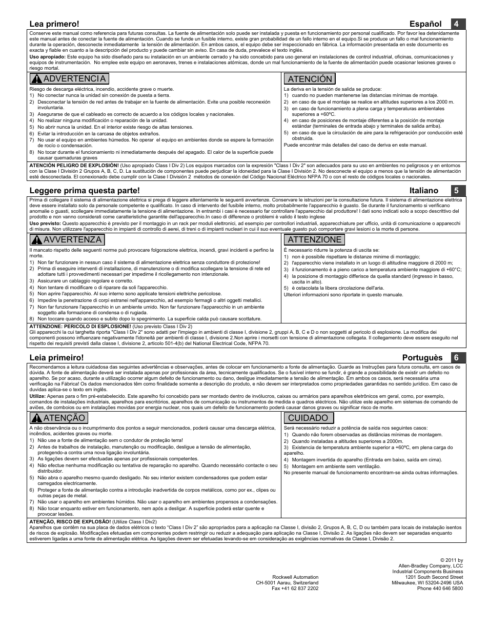 Lea primero! español 4, Advertenci a, Atención | Leggere prima questa parte! italiano 5, Avvertenza, Attenzione, Leia primeiro! portuguès 6, Atenção, Cuidado | Rockwell Automation 1606-XLP15_XLP30 DC Power Supply User Manual | Page 2 / 4