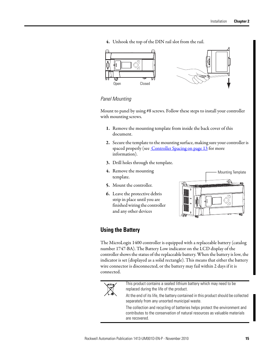 Using the battery | Rockwell Automation 1413-CAP-ME-PE Capacitor Bank Controller, Series C User Manual | Page 15 / 76