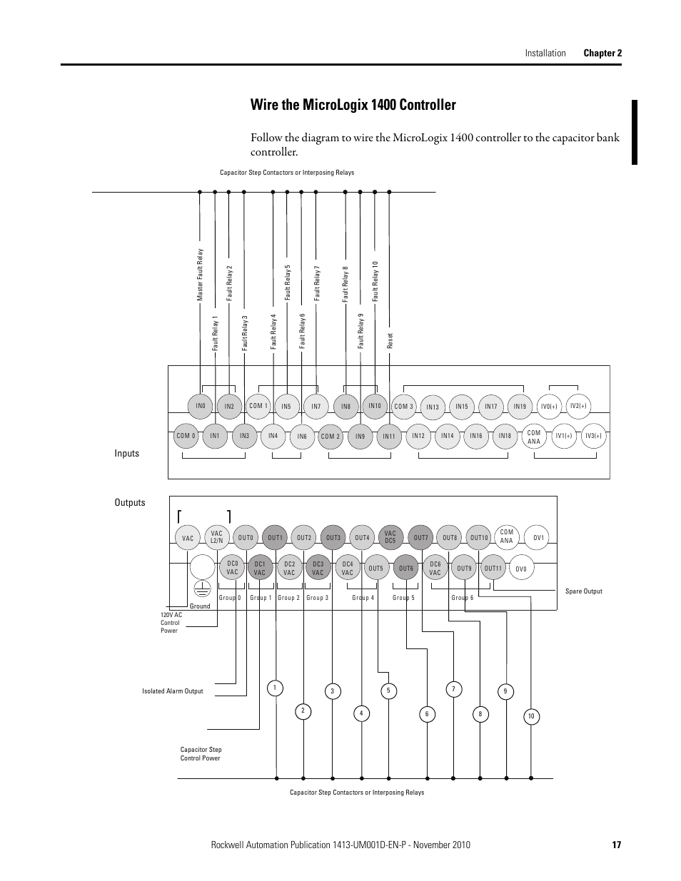 Wire the micrologix 1400 controller, Inputs outputs | Rockwell Automation 1413-CAP-ME-PE Capacitor Bank Controller, Series C User Manual | Page 17 / 76