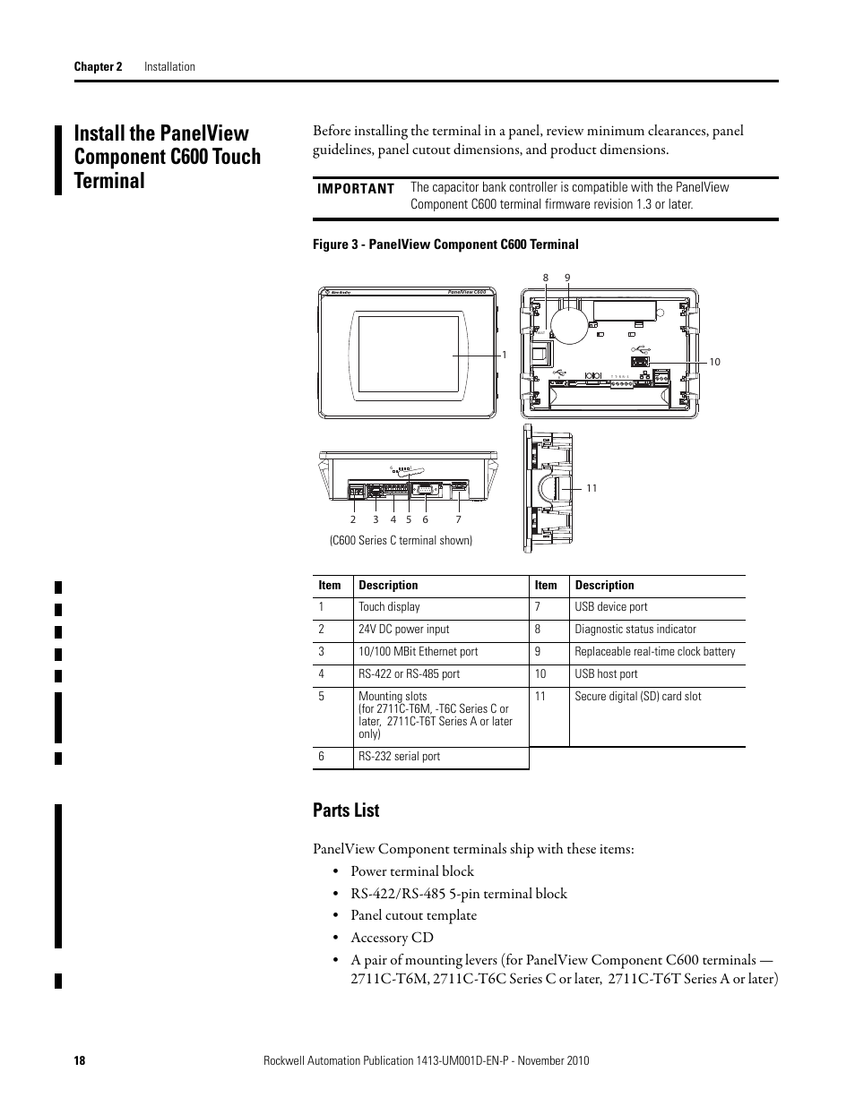 Install the panelview compo, Parts list | Rockwell Automation 1413-CAP-ME-PE Capacitor Bank Controller, Series C User Manual | Page 18 / 76