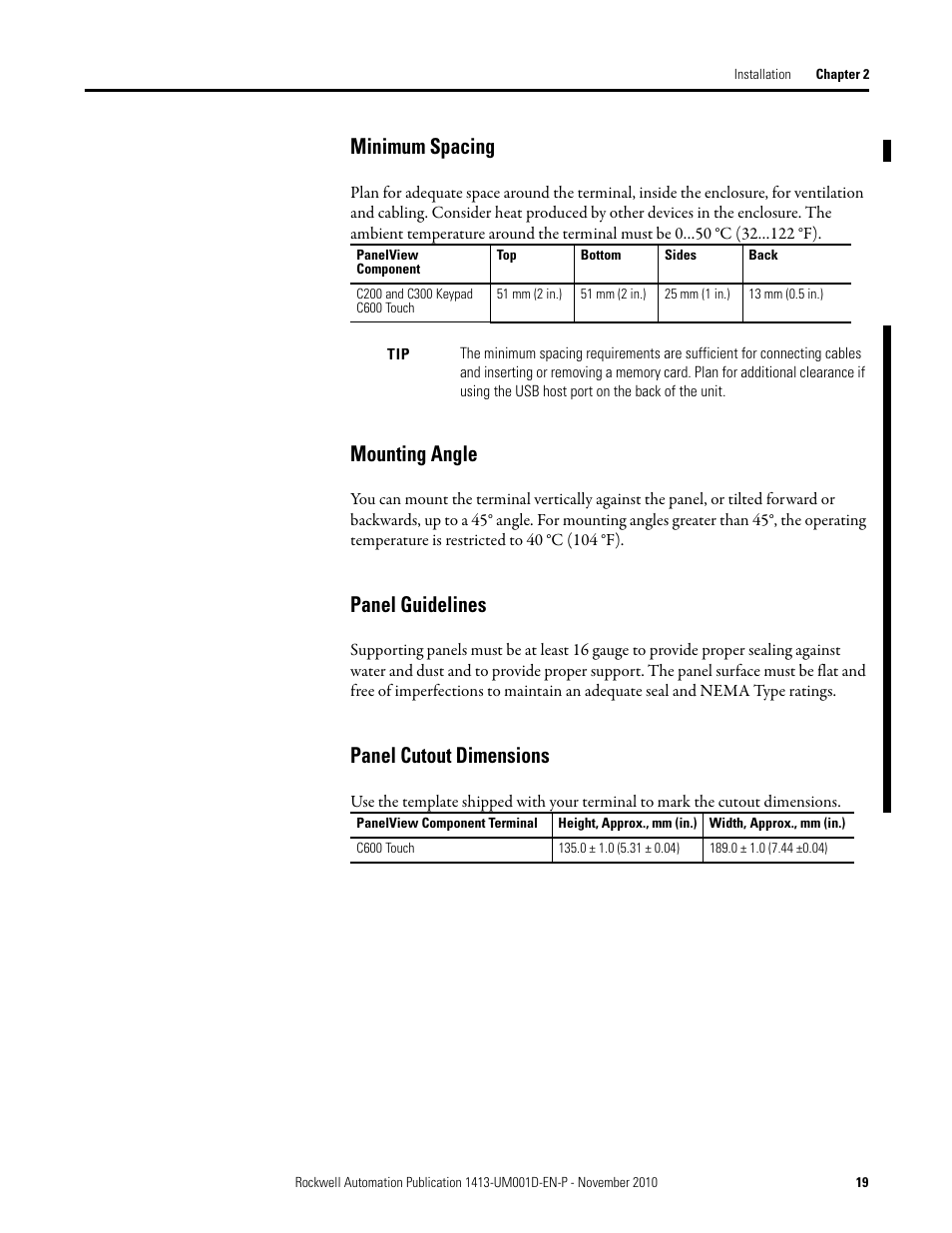 Minimum spacing, Mounting angle, Panel guidelines | Panel cutout dimensions | Rockwell Automation 1413-CAP-ME-PE Capacitor Bank Controller, Series C User Manual | Page 19 / 76