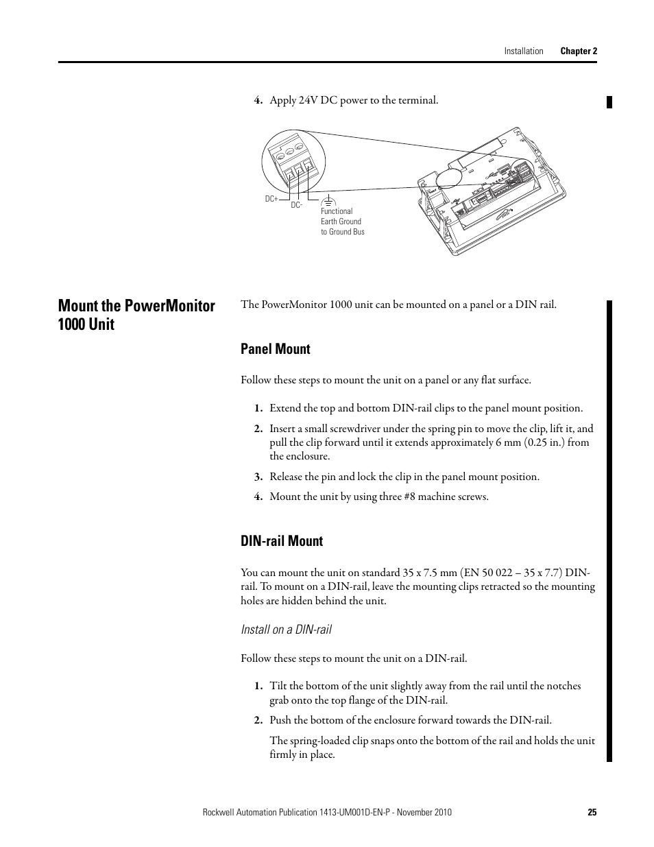 Mount the powermonitor 1000 unit, Panel mount, Din-rail mount | Panel mount din-rail mount | Rockwell Automation 1413-CAP-ME-PE Capacitor Bank Controller, Series C User Manual | Page 25 / 76