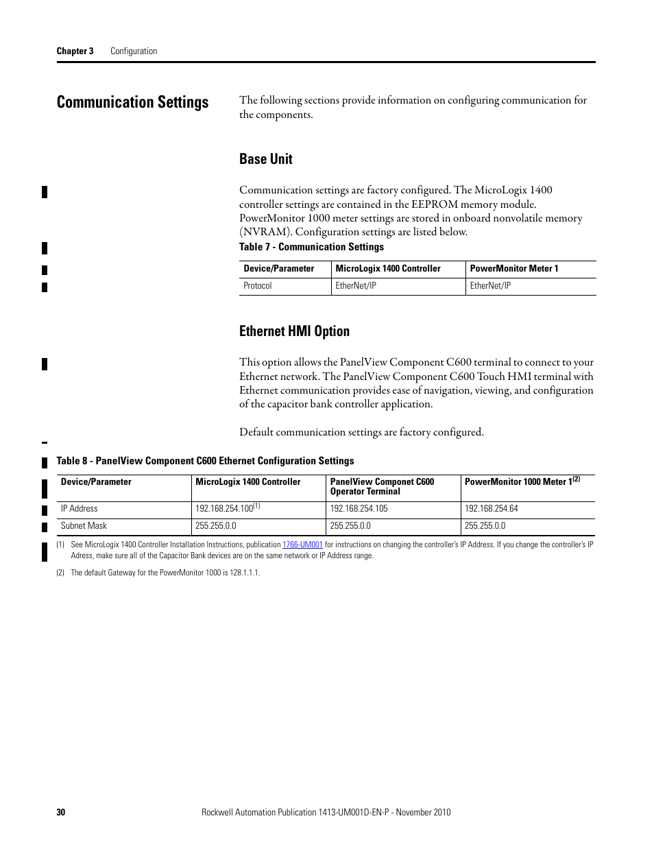 Communication settings, Base unit, Ethernet hmi option | Base unit ethernet hmi option | Rockwell Automation 1413-CAP-ME-PE Capacitor Bank Controller, Series C User Manual | Page 30 / 76