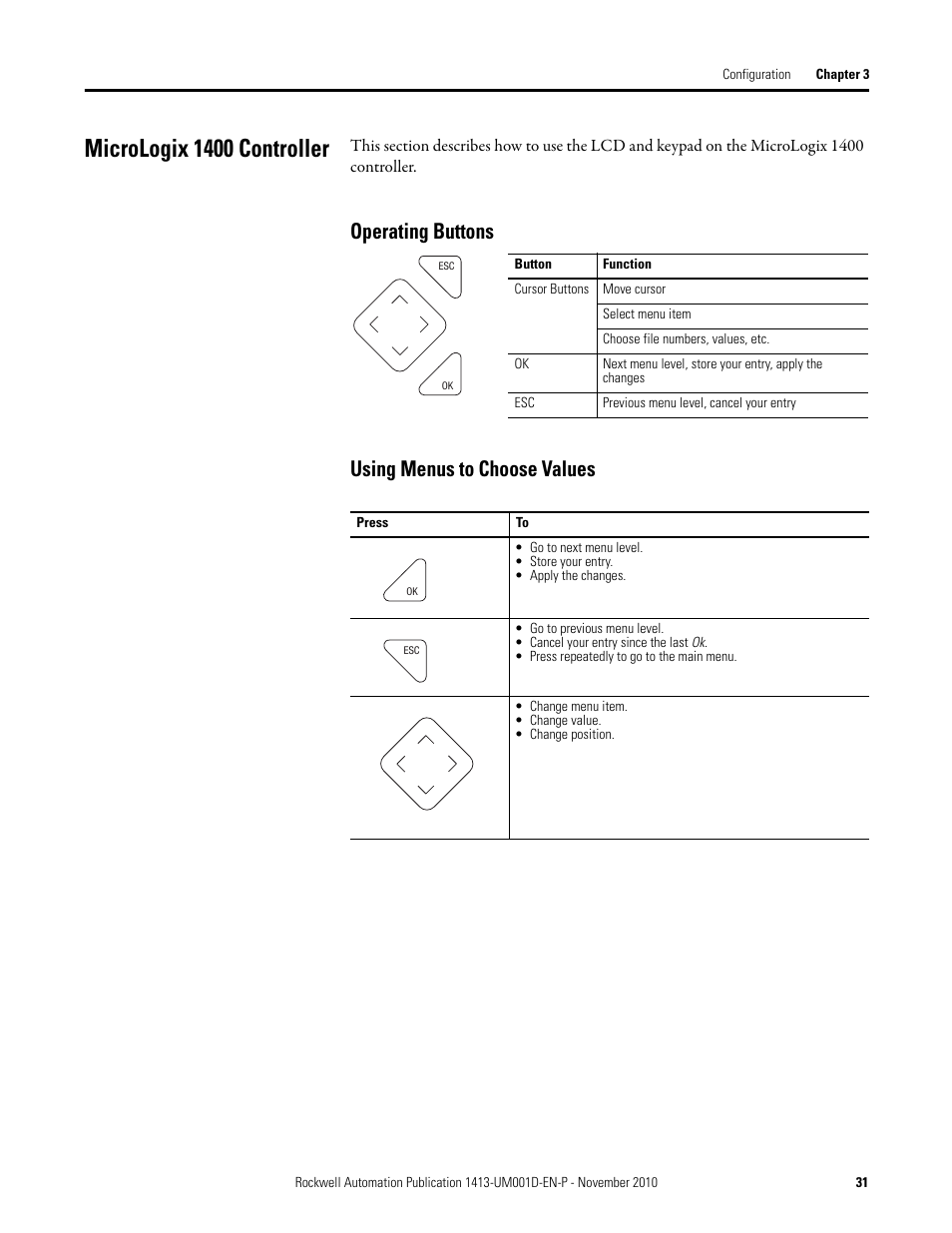 Micrologix 1400 controller, Operating buttons, Using menus to choose values | Operating buttons using menus to choose values | Rockwell Automation 1413-CAP-ME-PE Capacitor Bank Controller, Series C User Manual | Page 31 / 76