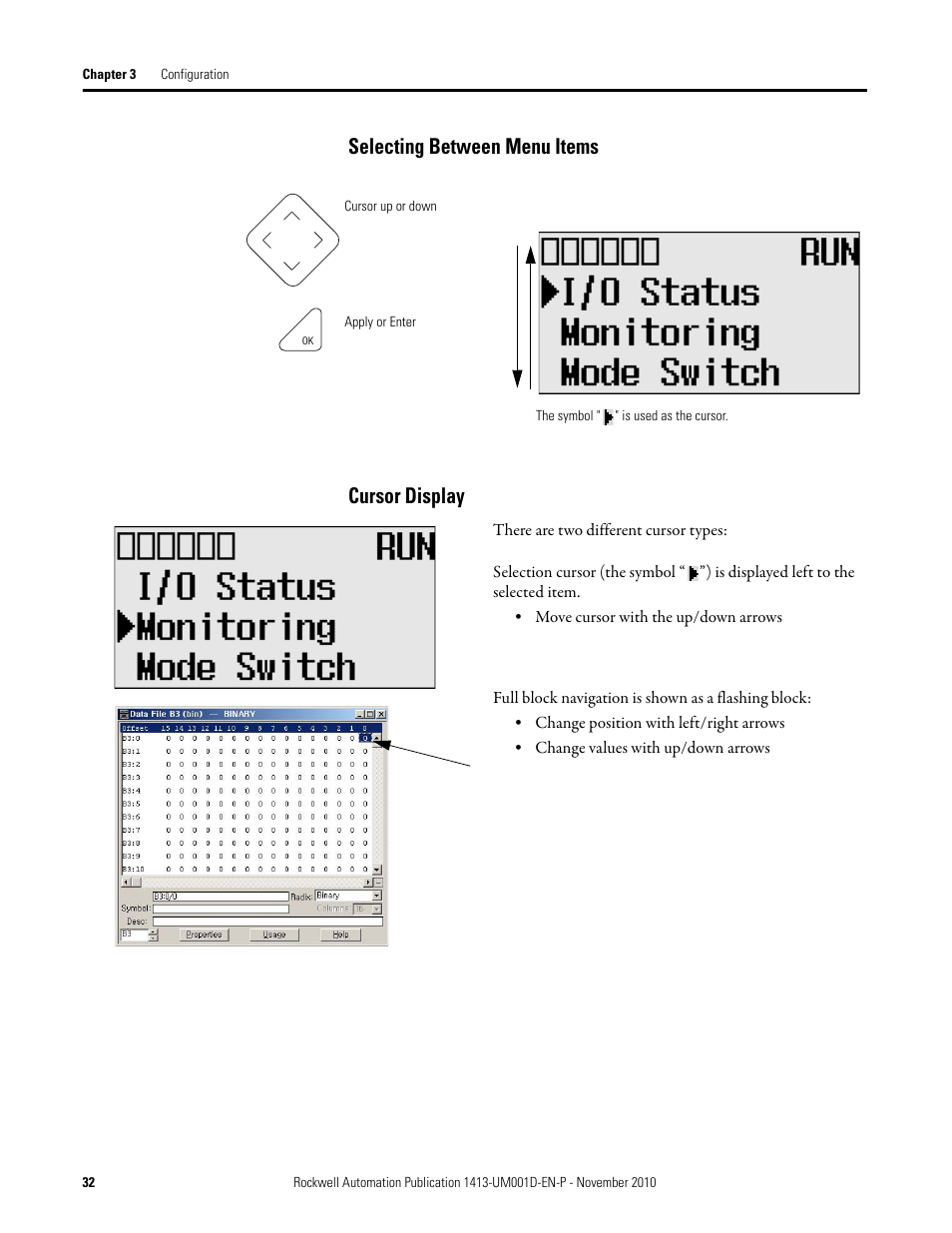 Selecting between menu items, Cursor display, Selecting between menu items cursor display | Rockwell Automation 1413-CAP-ME-PE Capacitor Bank Controller, Series C User Manual | Page 32 / 76