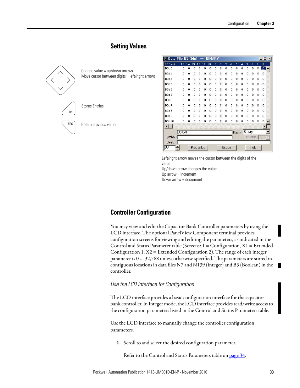 Setting values, Controller configuration, Setting values controller configuration | Rockwell Automation 1413-CAP-ME-PE Capacitor Bank Controller, Series C User Manual | Page 33 / 76