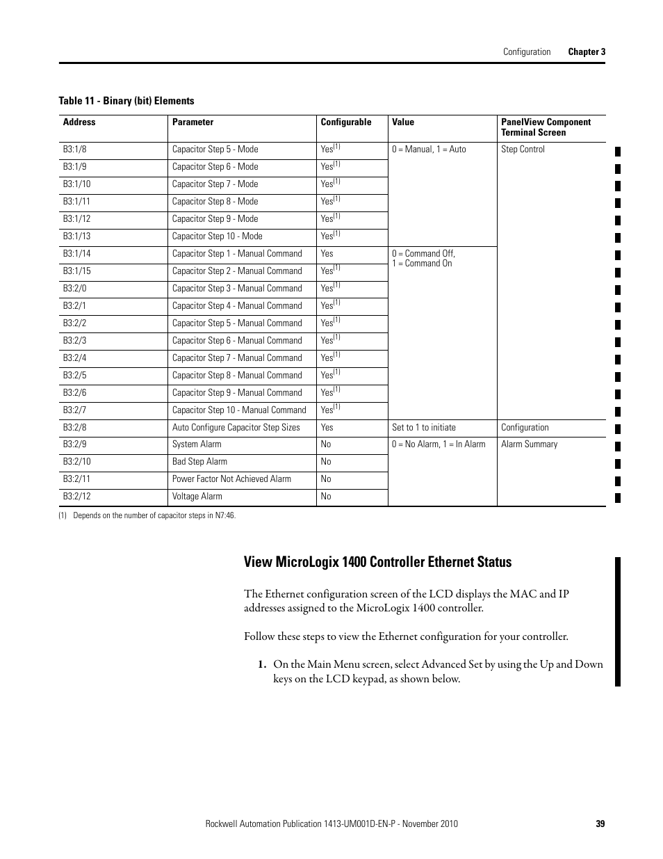 View micrologix 1400 controller ethernet status | Rockwell Automation 1413-CAP-ME-PE Capacitor Bank Controller, Series C User Manual | Page 39 / 76