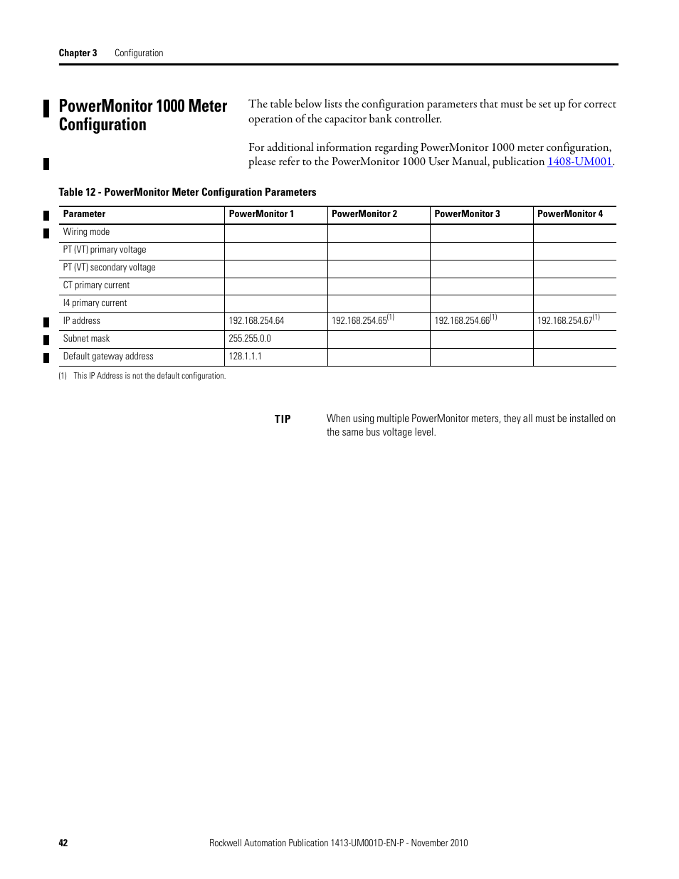 Powermonitor 1000 meter configuration | Rockwell Automation 1413-CAP-ME-PE Capacitor Bank Controller, Series C User Manual | Page 42 / 76