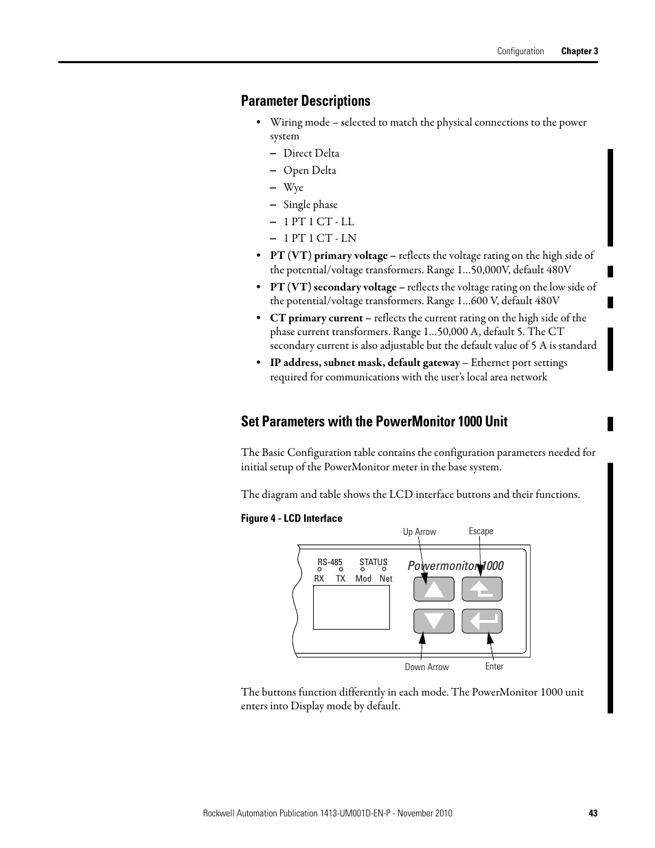 Parameter descriptions, Set parameters with the powermonitor 1000 unit | Rockwell Automation 1413-CAP-ME-PE Capacitor Bank Controller, Series C User Manual | Page 43 / 76