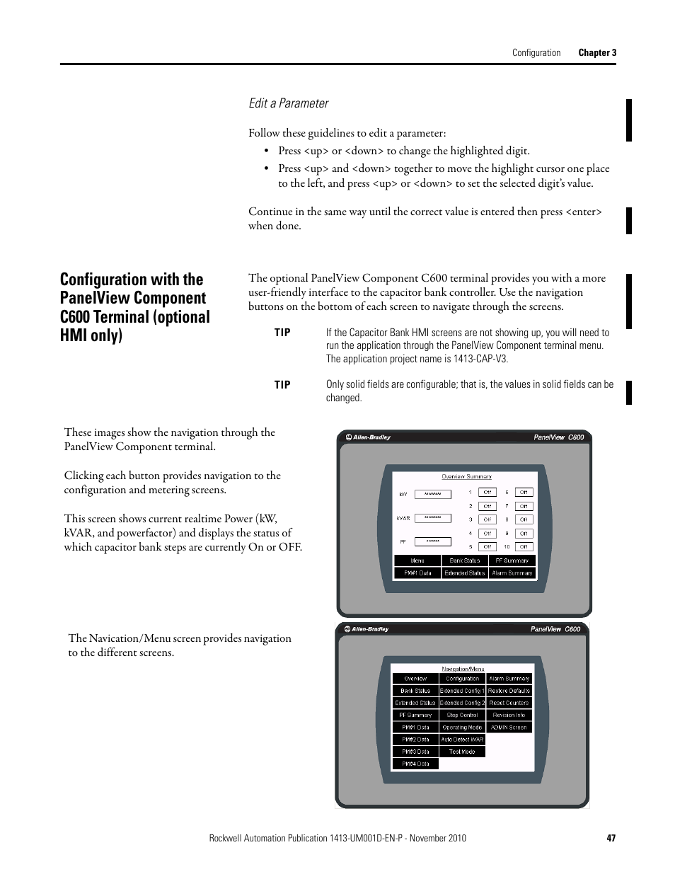 Configuration with the panelview component c600 | Rockwell Automation 1413-CAP-ME-PE Capacitor Bank Controller, Series C User Manual | Page 47 / 76