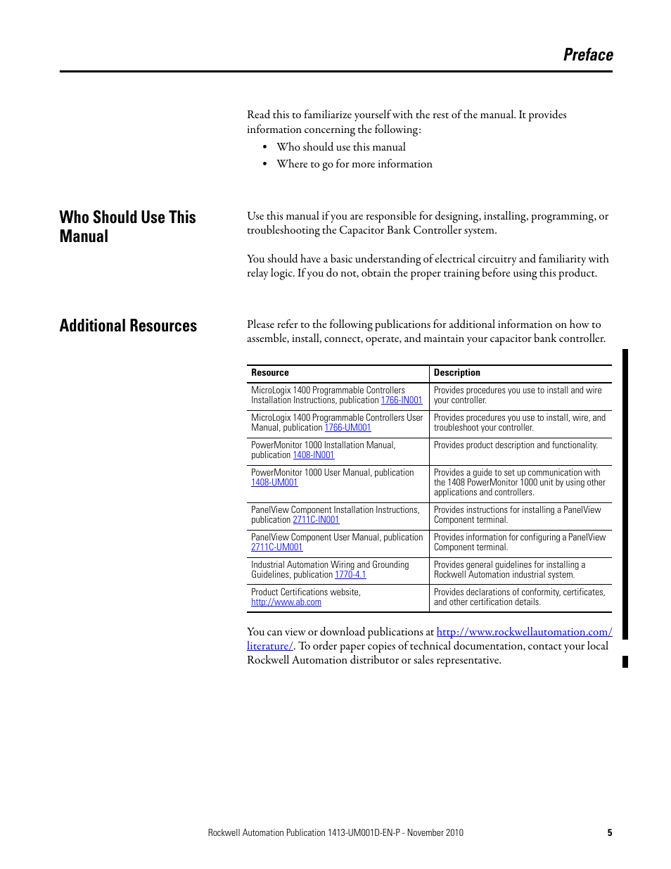 Preface, Who should use this manual, Additional resources | Who should use this manual additional resources | Rockwell Automation 1413-CAP-ME-PE Capacitor Bank Controller, Series C User Manual | Page 5 / 76