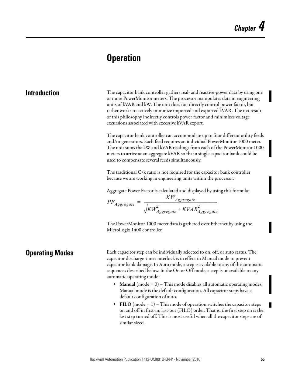 4 - operation, Introduction, Operating modes | Chapter 4, Operation, Introduction operating modes, Chapter | Rockwell Automation 1413-CAP-ME-PE Capacitor Bank Controller, Series C User Manual | Page 55 / 76