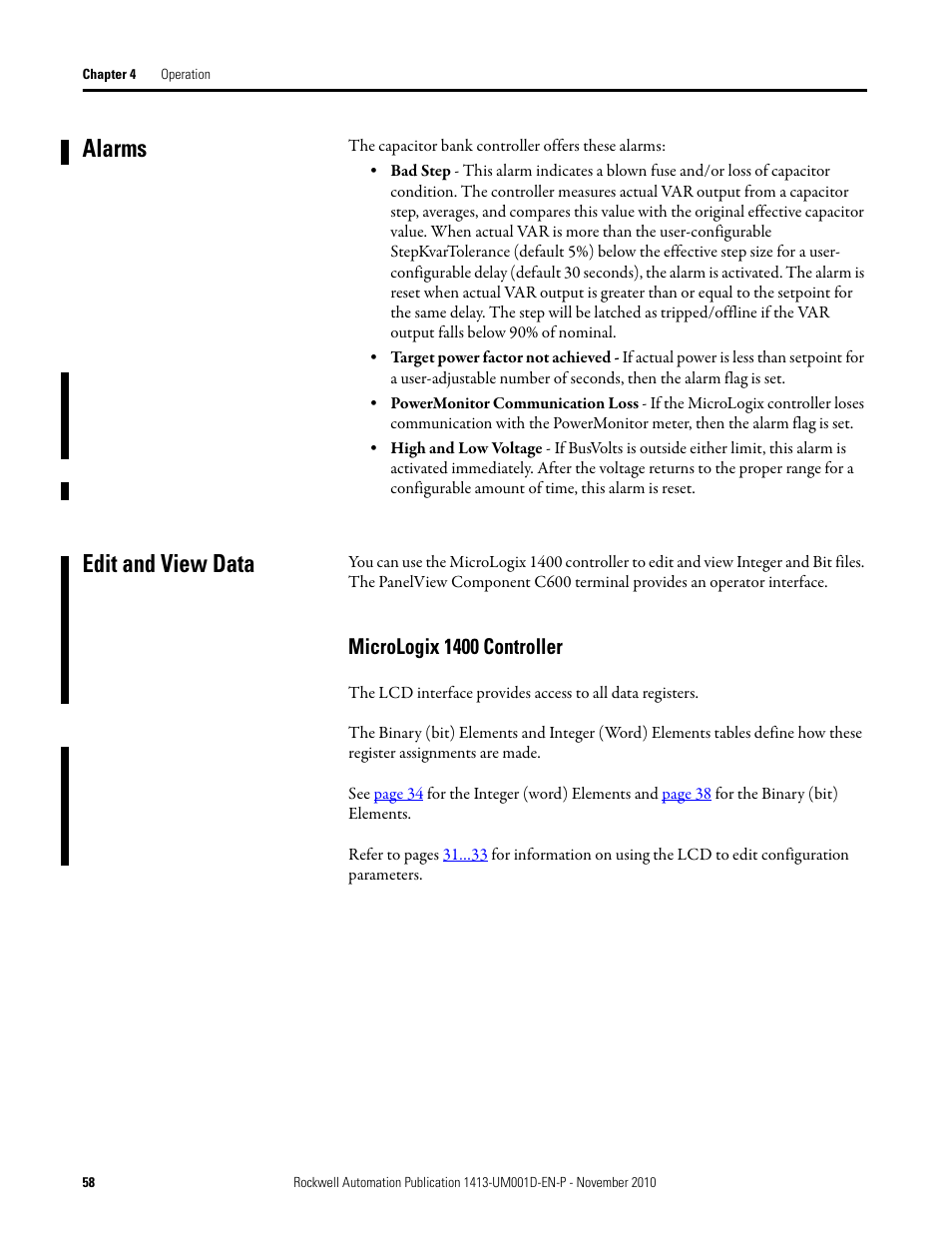 Alarms, Edit and view data, Micrologix 1400 controller | Alarms edit and view data | Rockwell Automation 1413-CAP-ME-PE Capacitor Bank Controller, Series C User Manual | Page 58 / 76