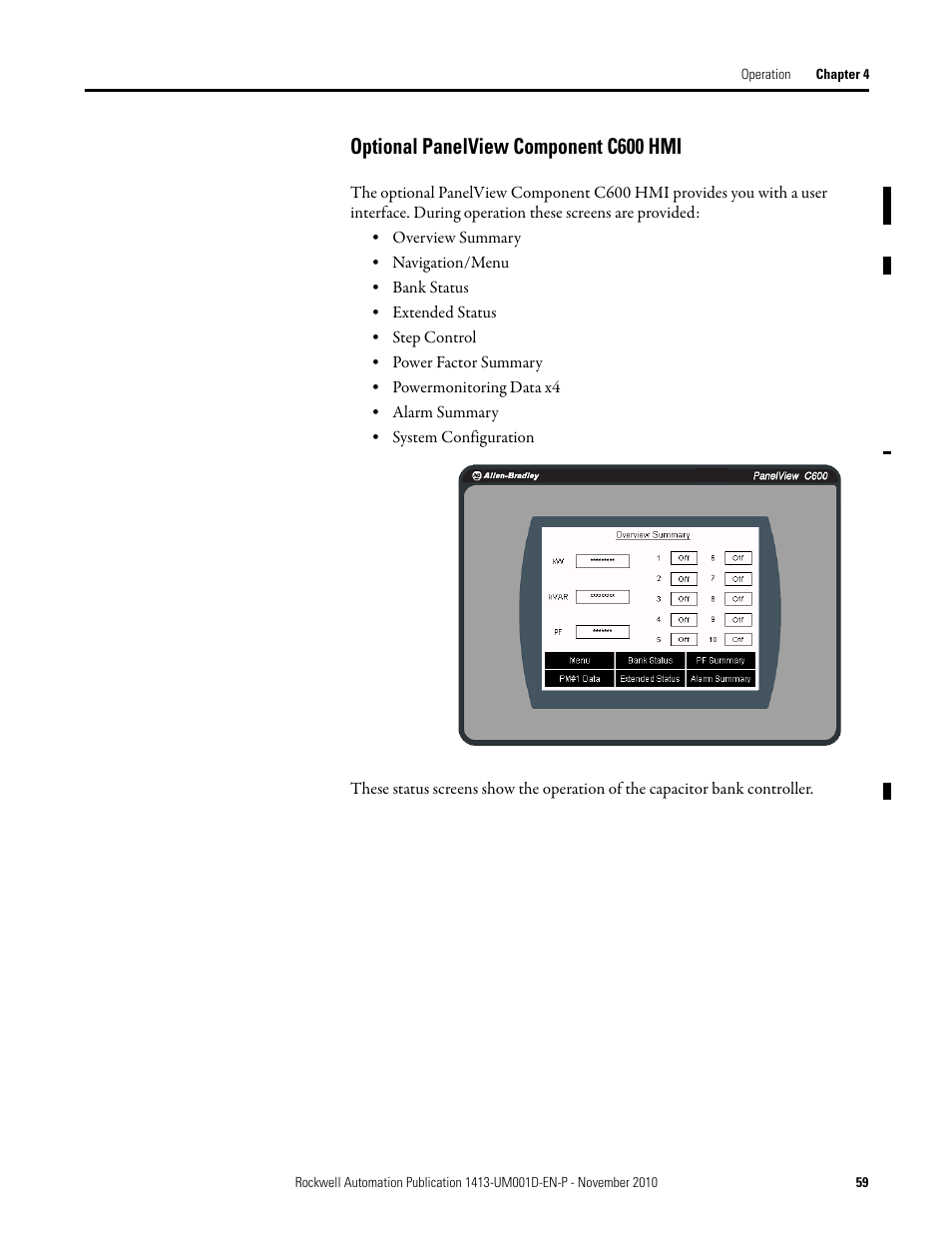 Optional panelview component c600 hmi | Rockwell Automation 1413-CAP-ME-PE Capacitor Bank Controller, Series C User Manual | Page 59 / 76