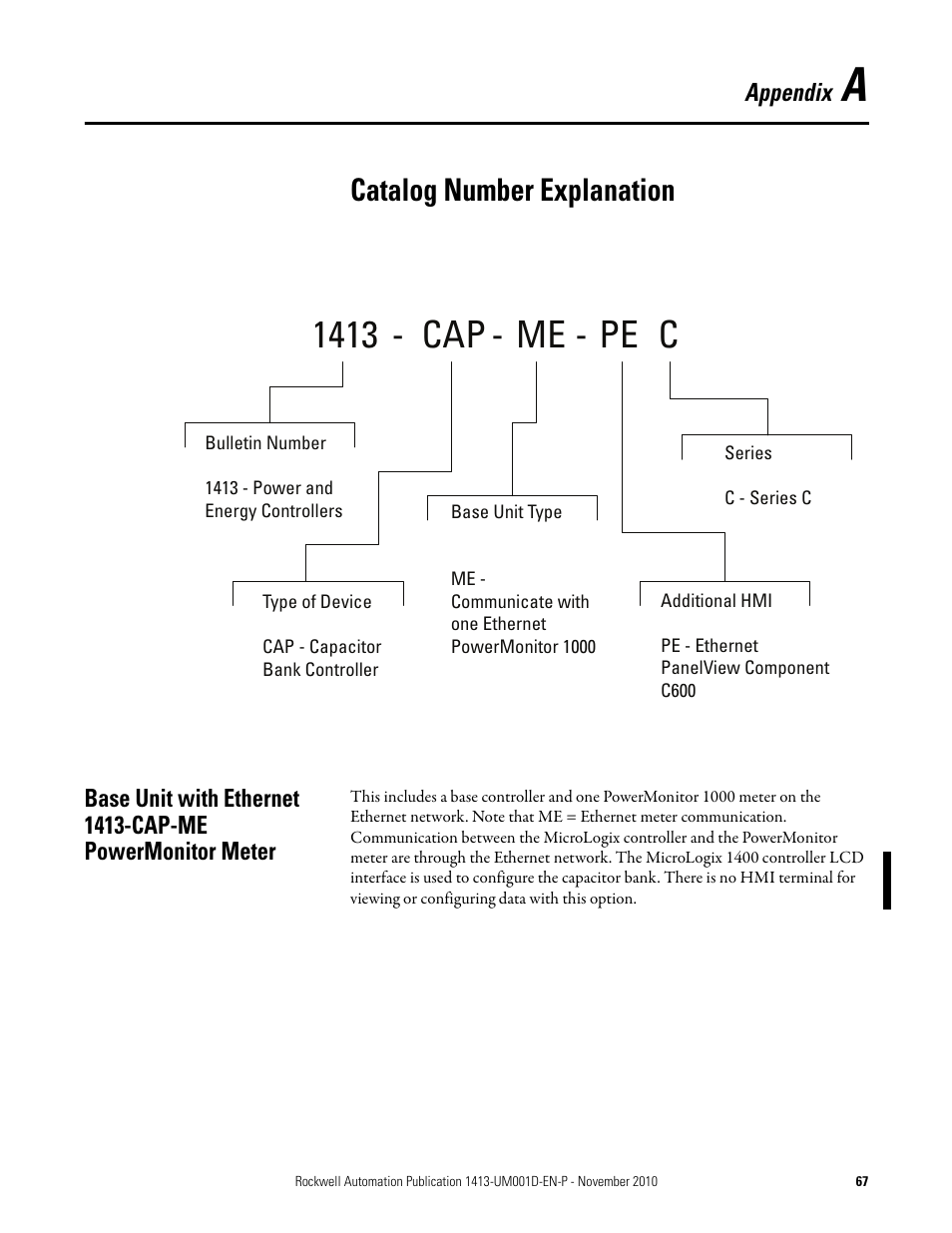 A - catalog number explanation, Appendix a, Catalog number explanation | 1413 cap me pe c | Rockwell Automation 1413-CAP-ME-PE Capacitor Bank Controller, Series C User Manual | Page 67 / 76