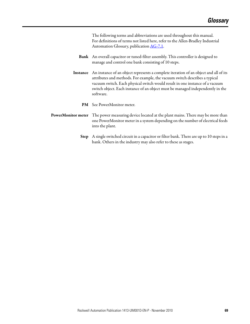 Glossary | Rockwell Automation 1413-CAP-ME-PE Capacitor Bank Controller, Series C User Manual | Page 69 / 76