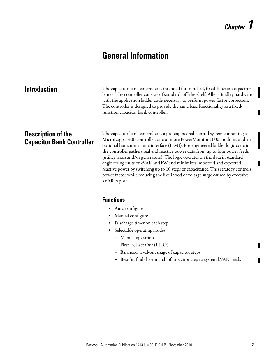 1 - general information, Introduction, Description of the capacitor bank controller | Functions, Chapter 1, General information | Rockwell Automation 1413-CAP-ME-PE Capacitor Bank Controller, Series C User Manual | Page 7 / 76