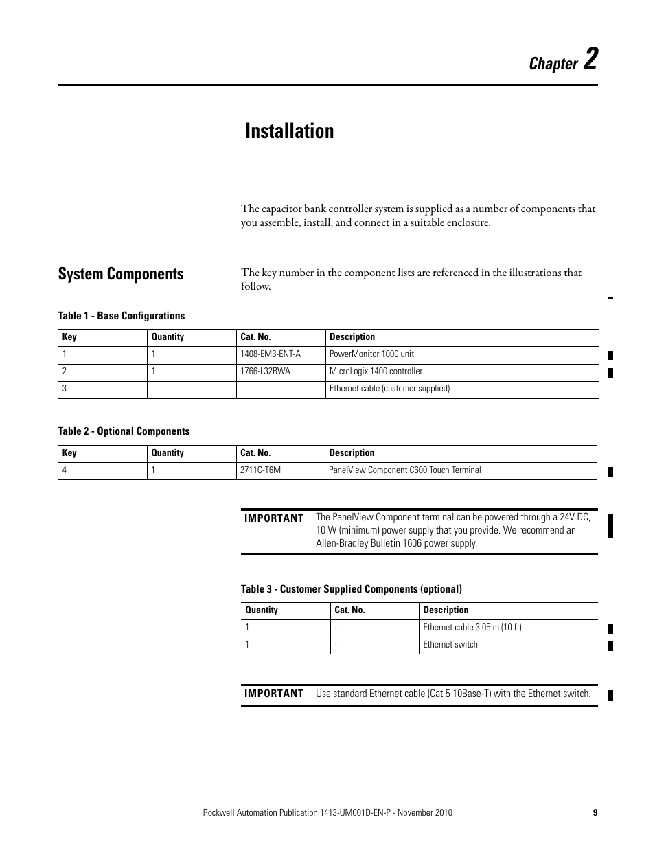2 - installation, System components, Chapter 2 | Installation, Chapter | Rockwell Automation 1413-CAP-ME-PE Capacitor Bank Controller, Series C User Manual | Page 9 / 76