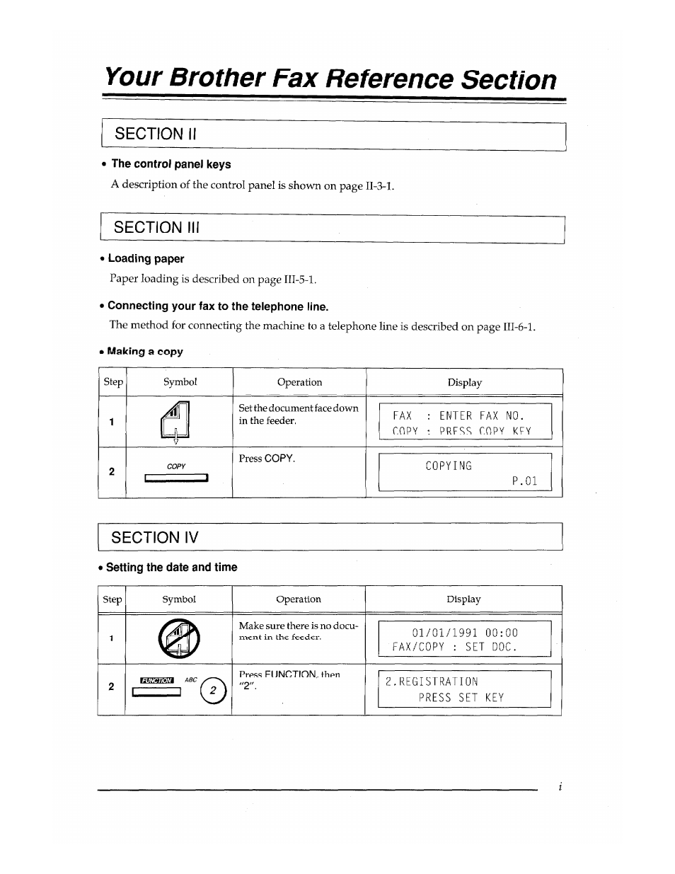 The control panel keys, Loading paper, Connecting your fax to the telephone line | Making a copy, Setting the date and time | Brother FAX-400 User Manual | Page 119 / 132