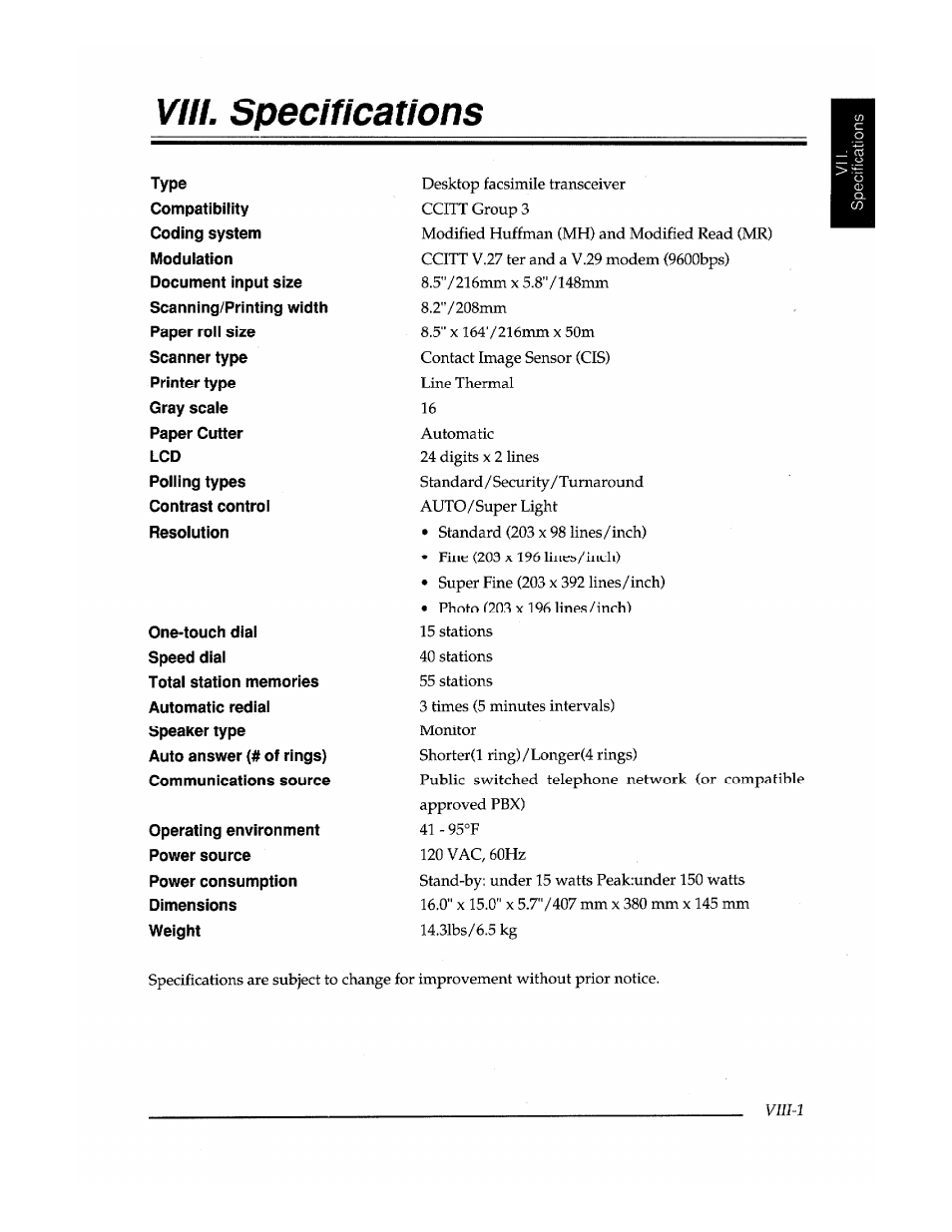 Viii. specifications, Vm-1 | Brother FAX-400 User Manual | Page 13 / 132