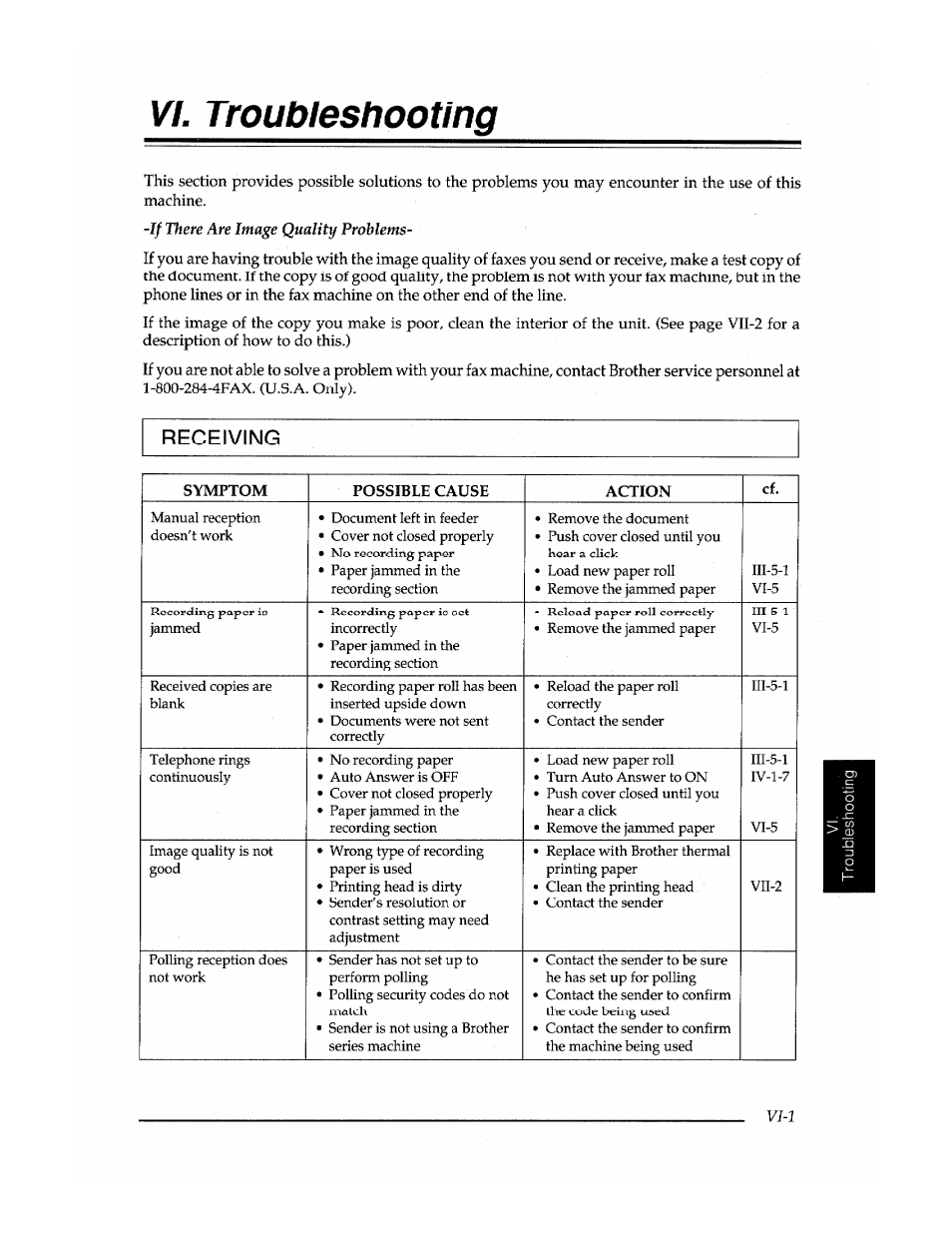 Vi. troubleshooting, Receiving | Brother FAX-400 User Manual | Page 19 / 132