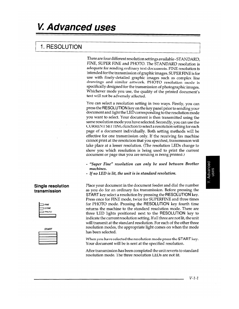 Single resolution transmission, V. advanced uses, Resolution | Brother FAX-400 User Manual | Page 47 / 132