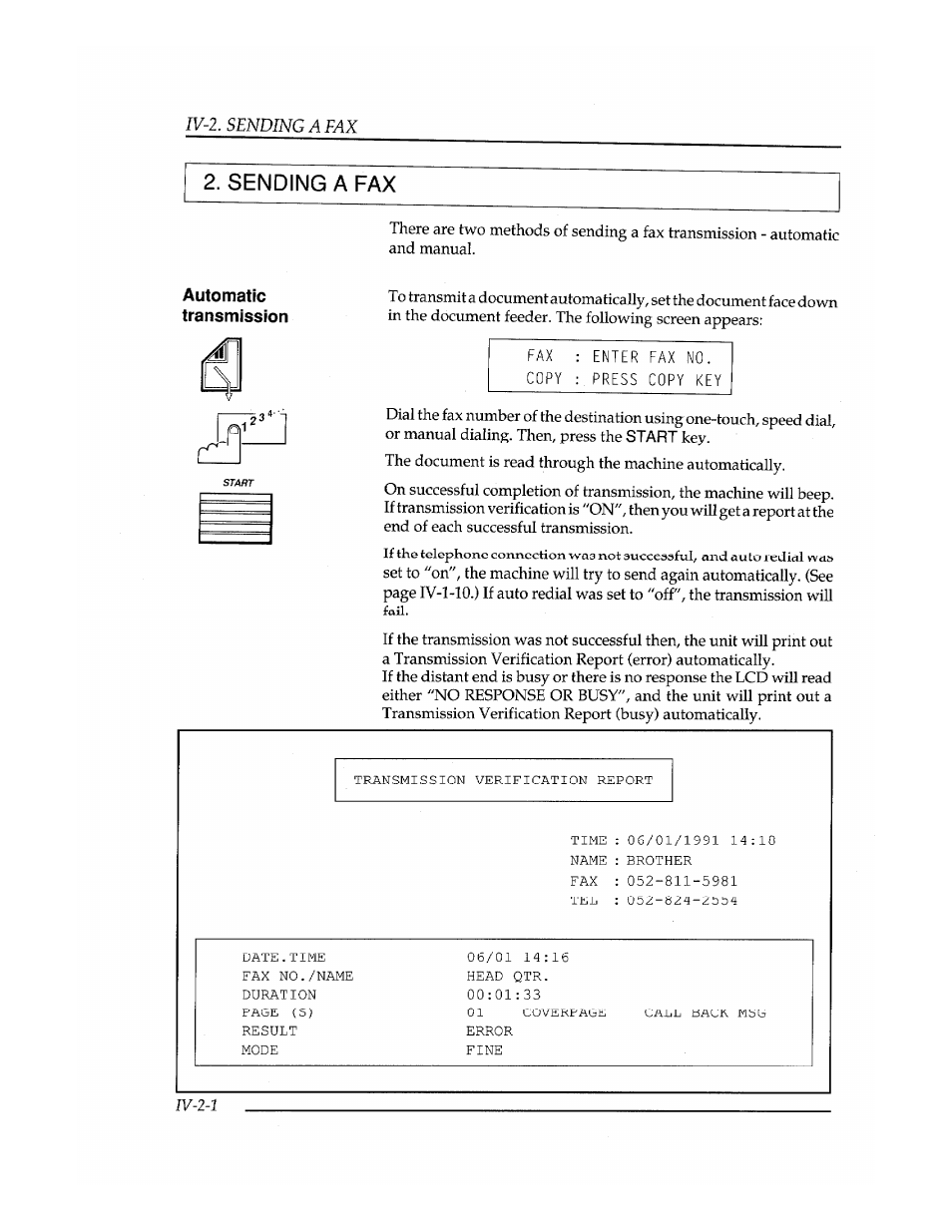 Iv-2. sending a fax 2. sending a fax | Brother FAX-400 User Manual | Page 62 / 132