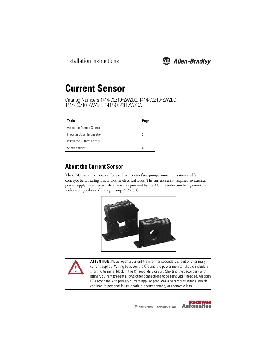 Rockwell Automation 1414-CCZxxxxxxx Current Sensor User Manual | 4 pages