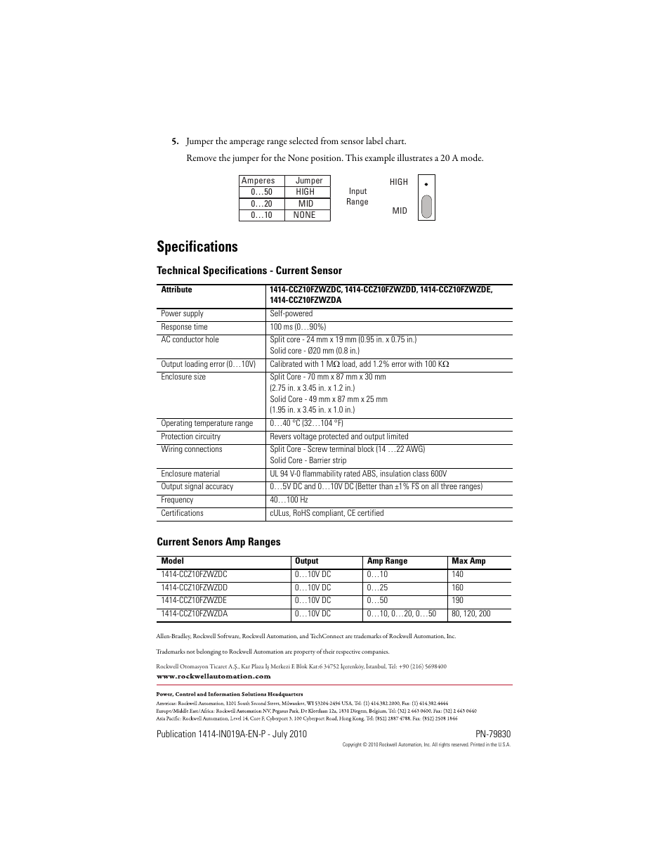 Specifications, Back cover | Rockwell Automation 1414-CCZxxxxxxx Current Sensor User Manual | Page 4 / 4