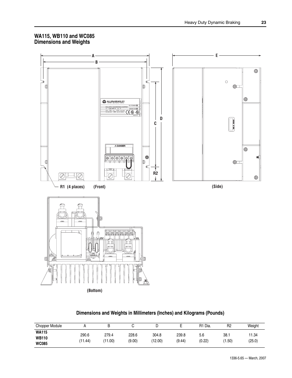 Wa115, wb110 and wc085 dimensions and weights | Rockwell Automation 1336_F_E_T_S SERIES A CHOPPER BRAKE MODULE User Manual | Page 23 / 40