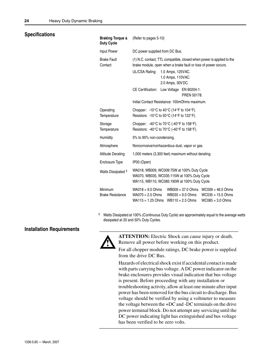 Specifications, Installation requirements | Rockwell Automation 1336_F_E_T_S SERIES A CHOPPER BRAKE MODULE User Manual | Page 24 / 40