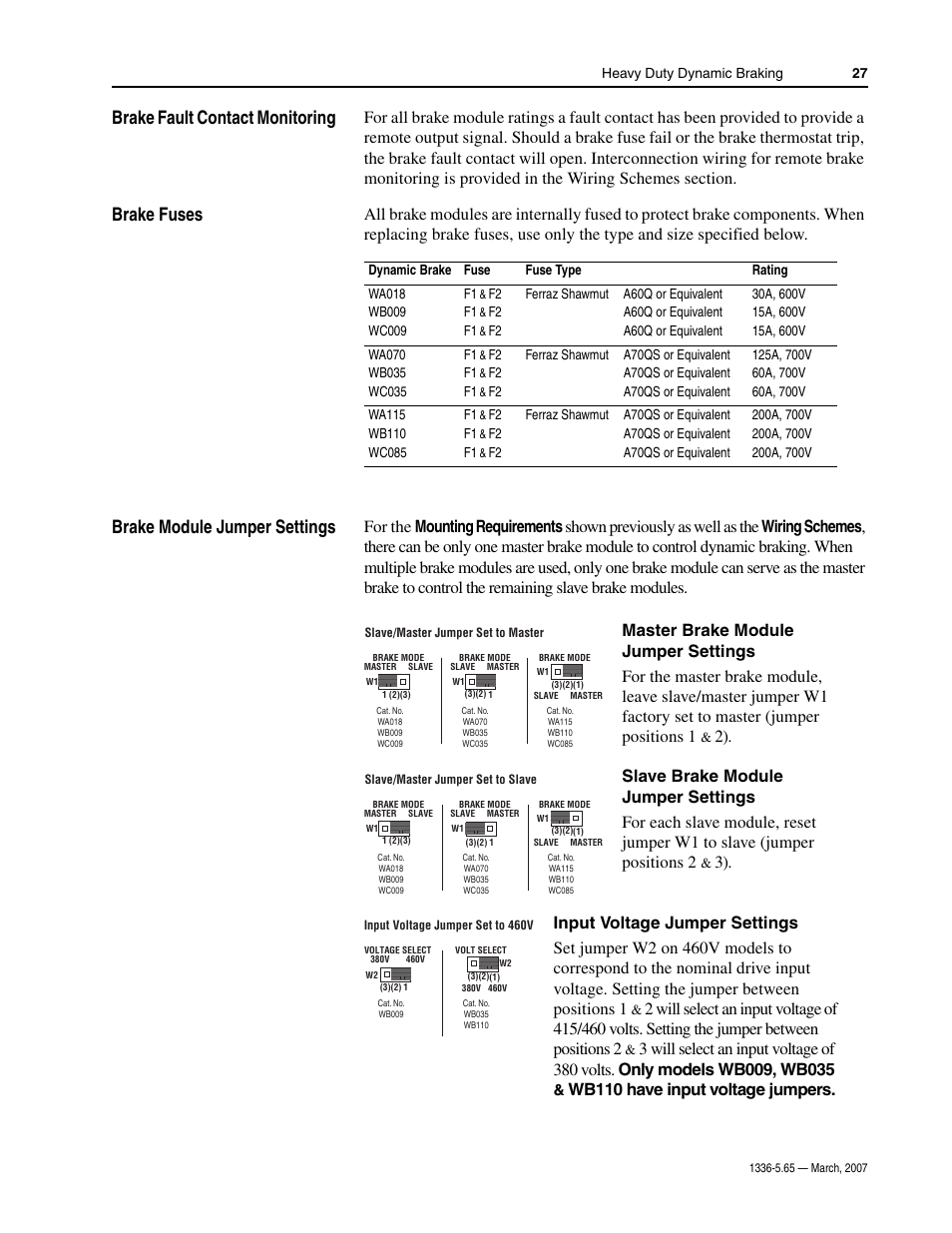 Brake fault contact monitoring, Brake fuses, Brake module jumper settings | Wb110 have input voltage jumpers | Rockwell Automation 1336_F_E_T_S SERIES A CHOPPER BRAKE MODULE User Manual | Page 27 / 40