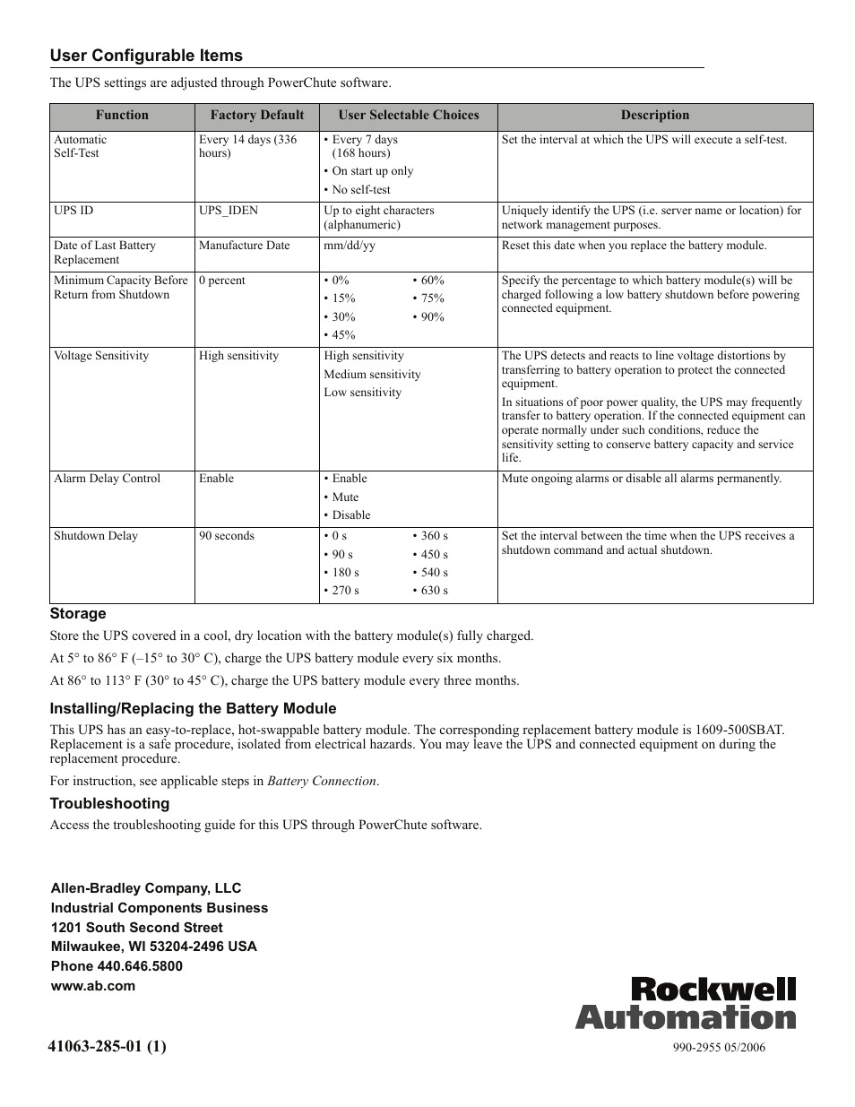User configurable items | Rockwell Automation 1609-S350ES Uninterruptible Power Supply - 350VA User Manual | Page 6 / 6