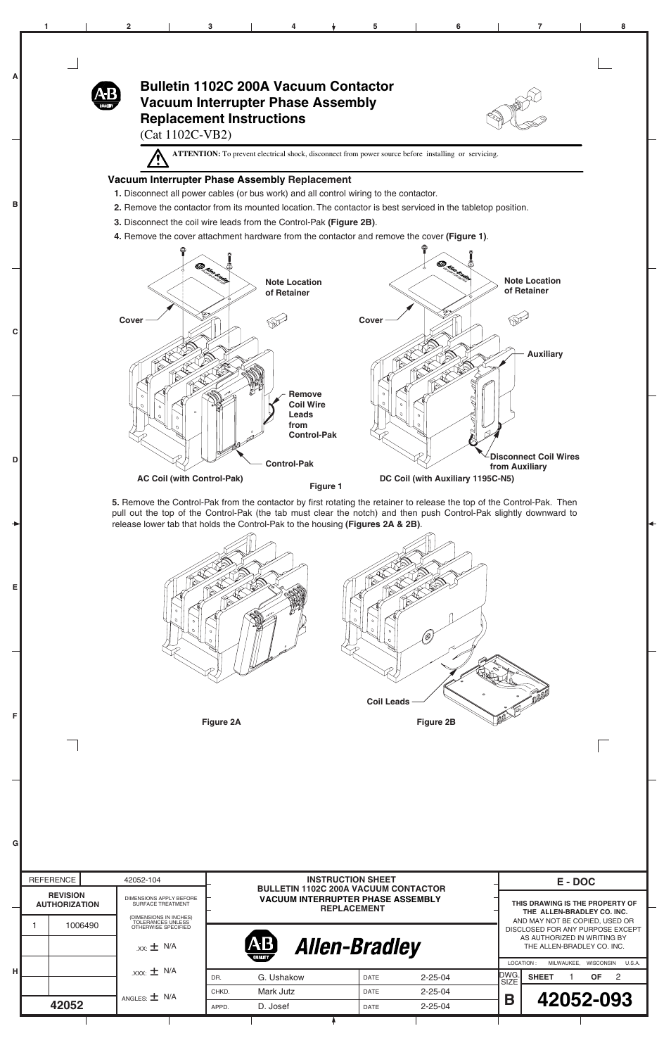 Rockwell Automation 1102C-VB2 200A Vacuum Contactor Vacuum Interrupter Phase Assembly Replacement User Manual | 2 pages