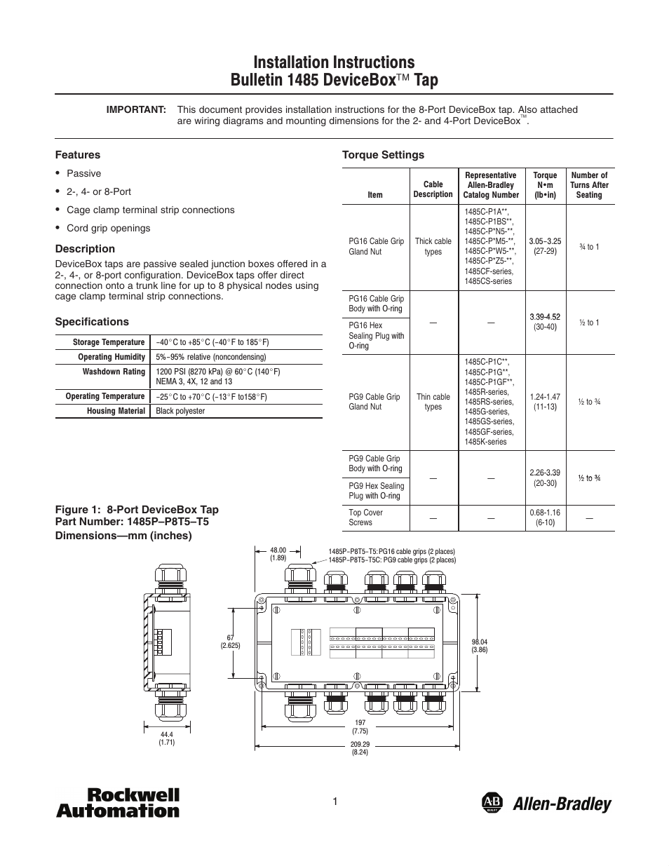 Rockwell Automation 1485 DeviceBox Tap User Manual | 4 pages