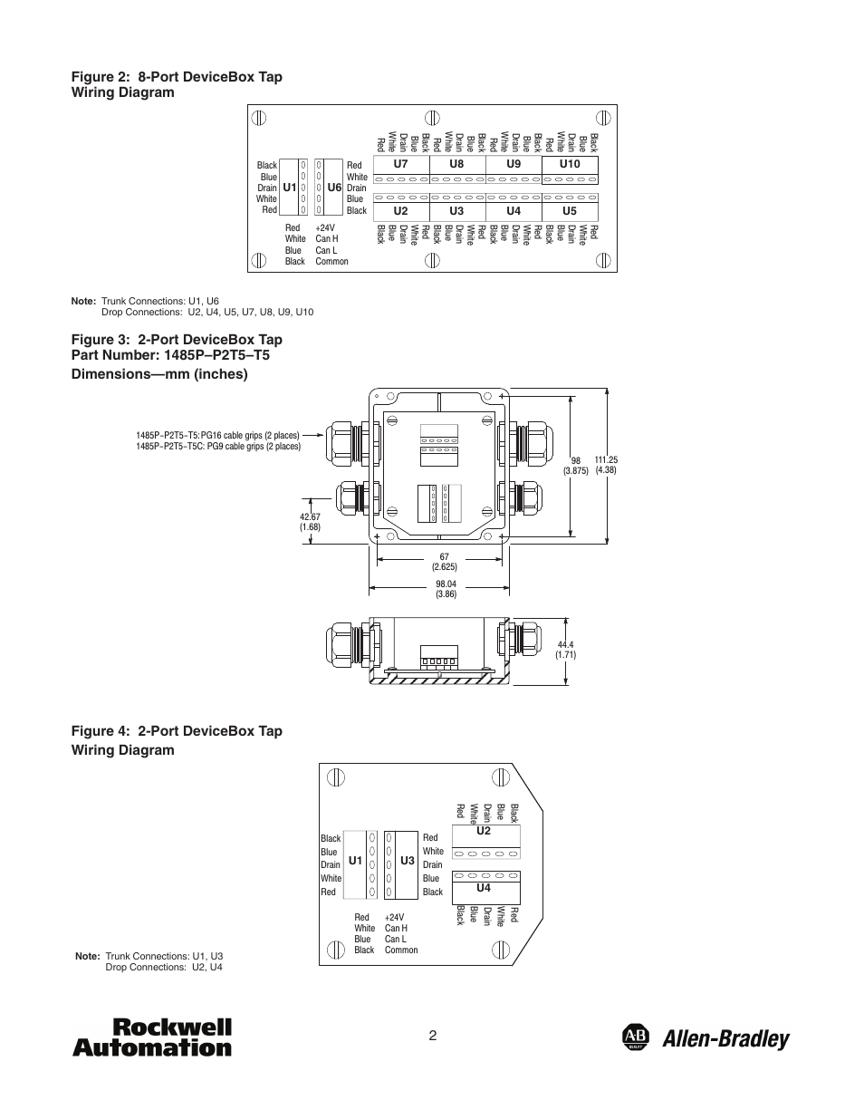 2figure 2: 8-port devicebox tap wiring diagram, Figure 4: 2-port devicebox tap wiring diagram | Rockwell Automation 1485 DeviceBox Tap User Manual | Page 2 / 4