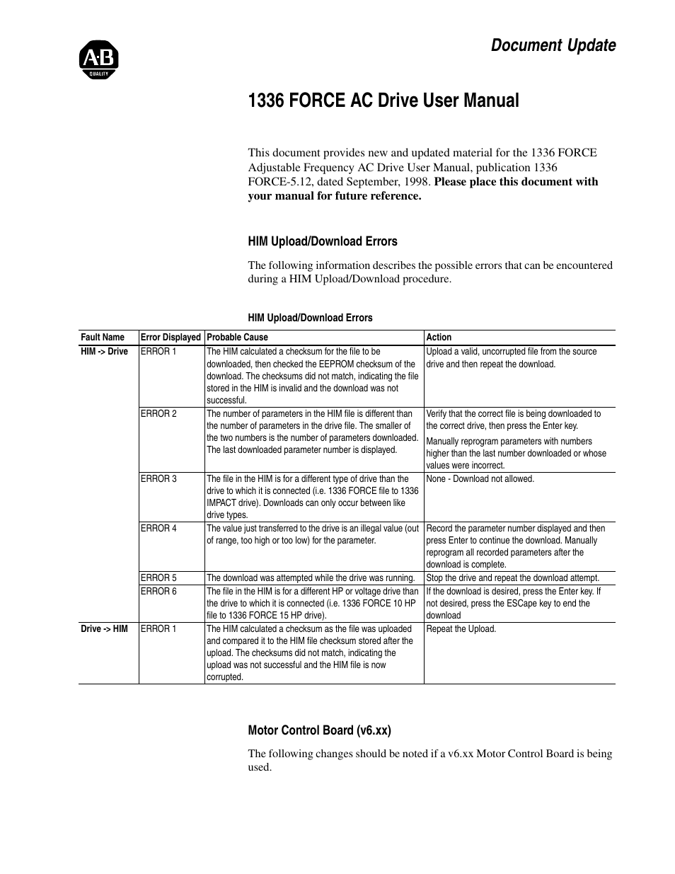 Document update, Him upload/download errors, Motor control board (v6.xx) | 1336 force ac drive user manual | Rockwell Automation 1336T FORCE Series B User Manual | Page 3 / 324
