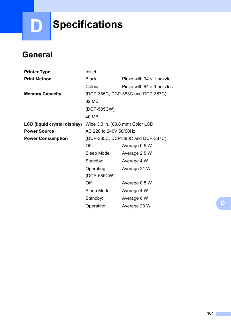 D specifications, General, Specifications | Brother DCP-585CW User Manual | Page 109 / 126