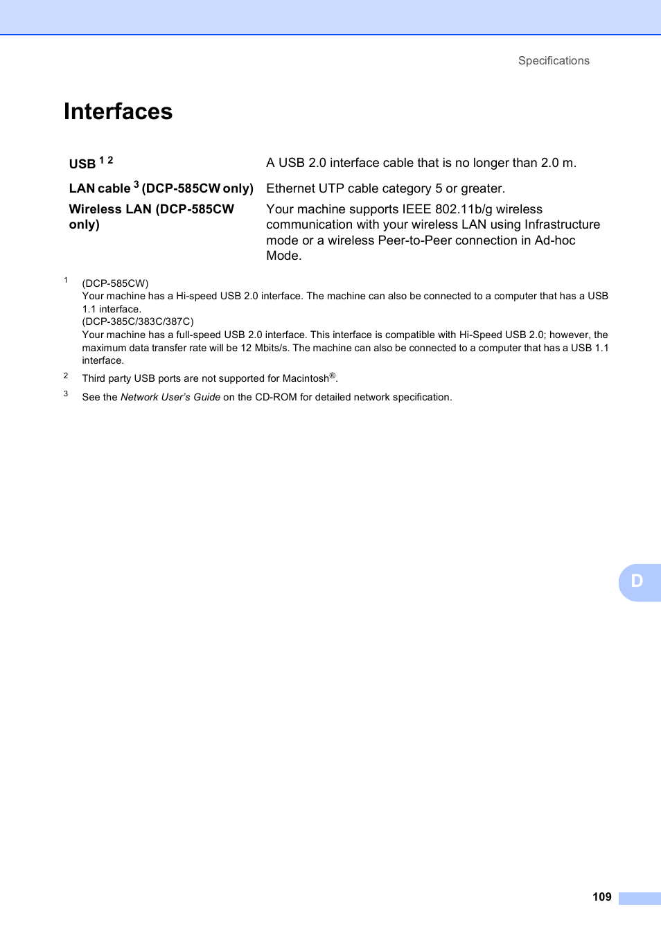 Interfaces | Brother DCP-585CW User Manual | Page 117 / 126