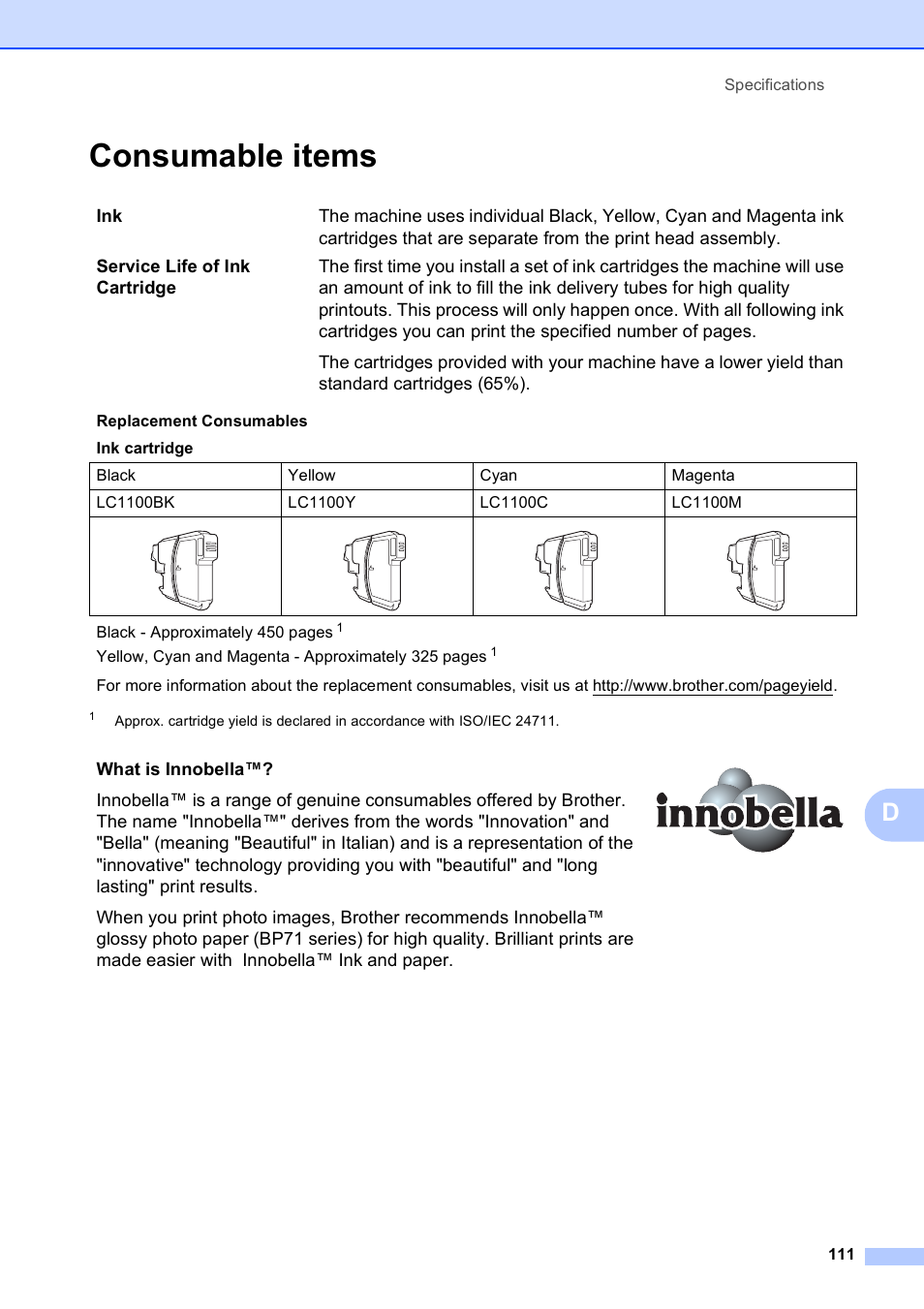 Consumable items | Brother DCP-585CW User Manual | Page 119 / 126