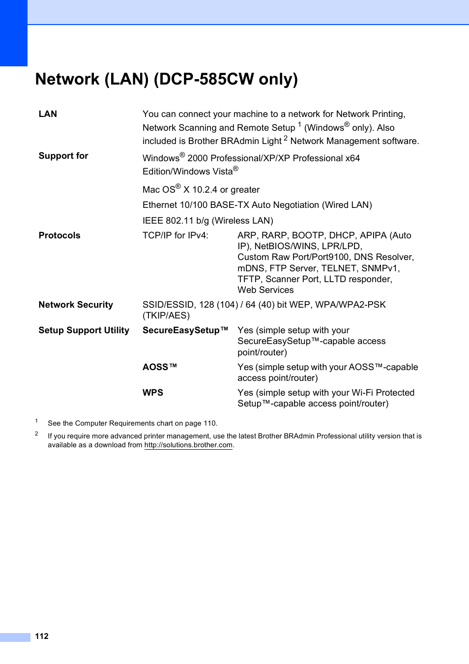 Network (lan) (dcp-585cw only) | Brother DCP-585CW User Manual | Page 120 / 126