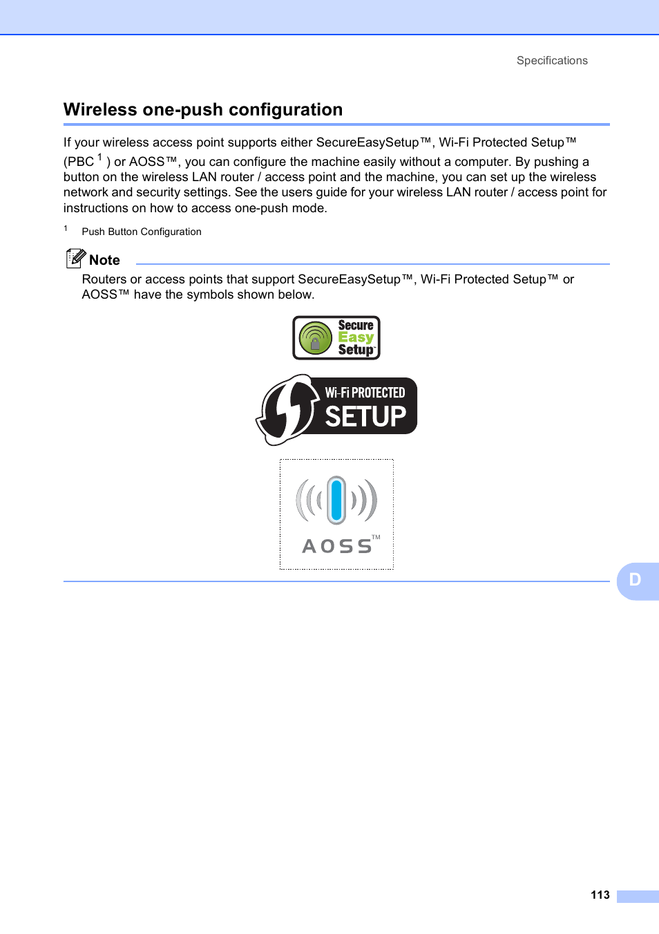 Wireless one-push configuration, Dwireless one-push configuration | Brother DCP-585CW User Manual | Page 121 / 126