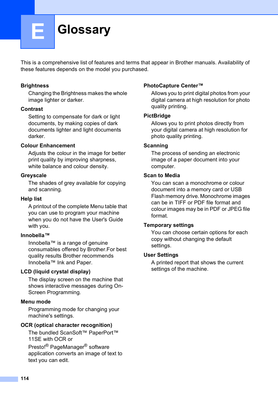 E glossary, Glossary | Brother DCP-585CW User Manual | Page 122 / 126