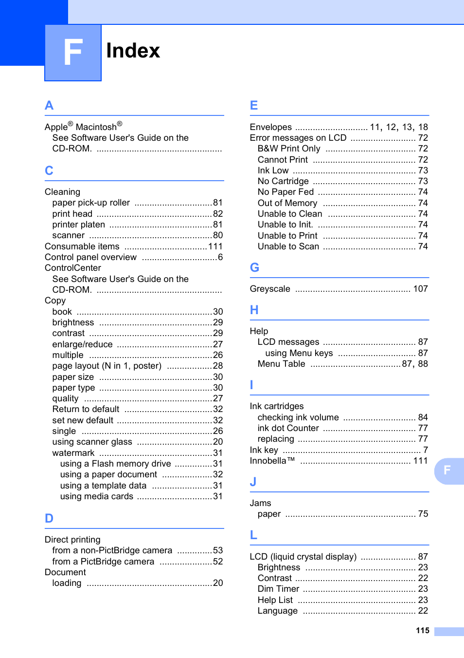 Index | Brother DCP-585CW User Manual | Page 123 / 126