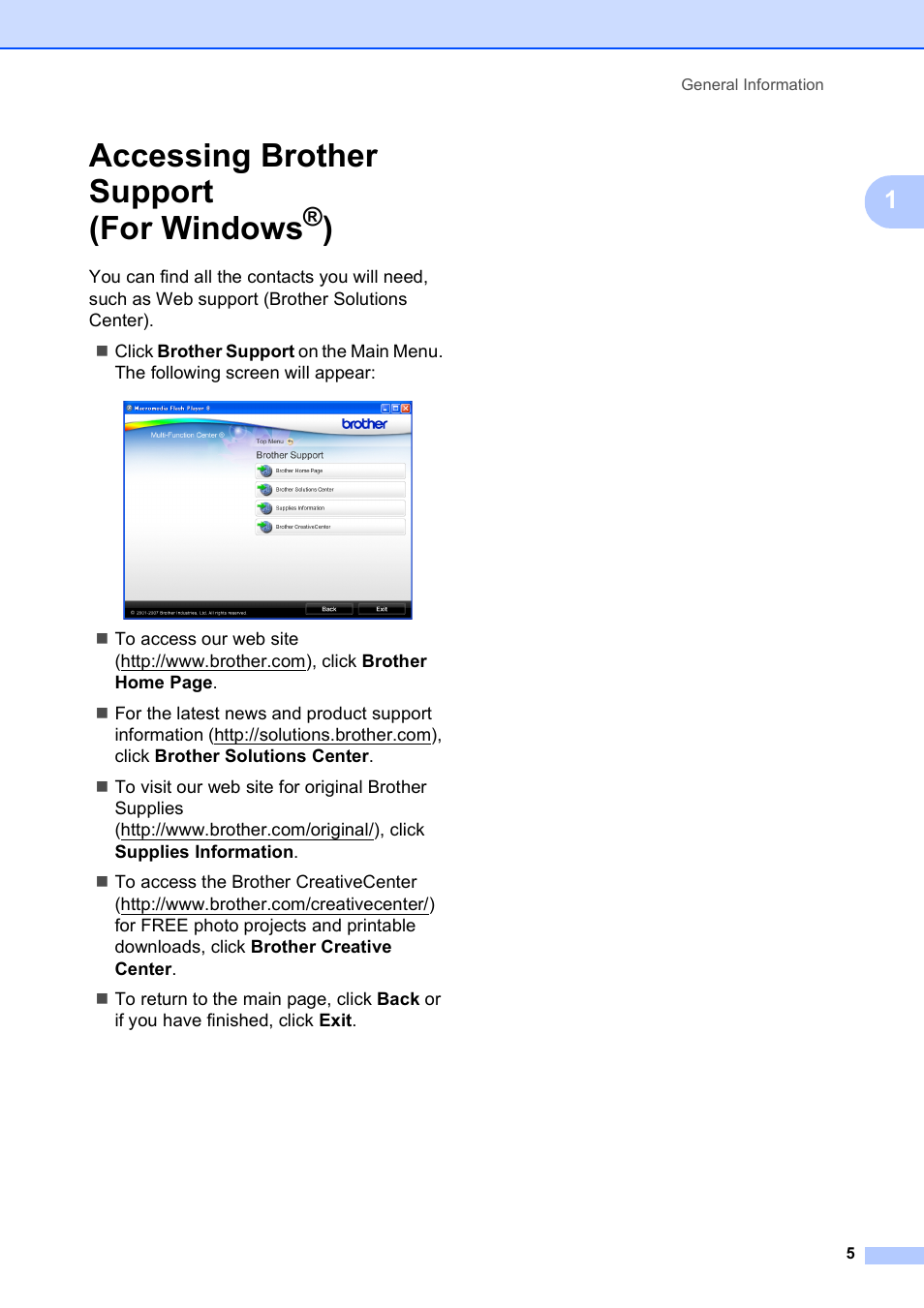 Accessing brother support (for windows®), Accessing brother support (for windows | Brother DCP-585CW User Manual | Page 13 / 126
