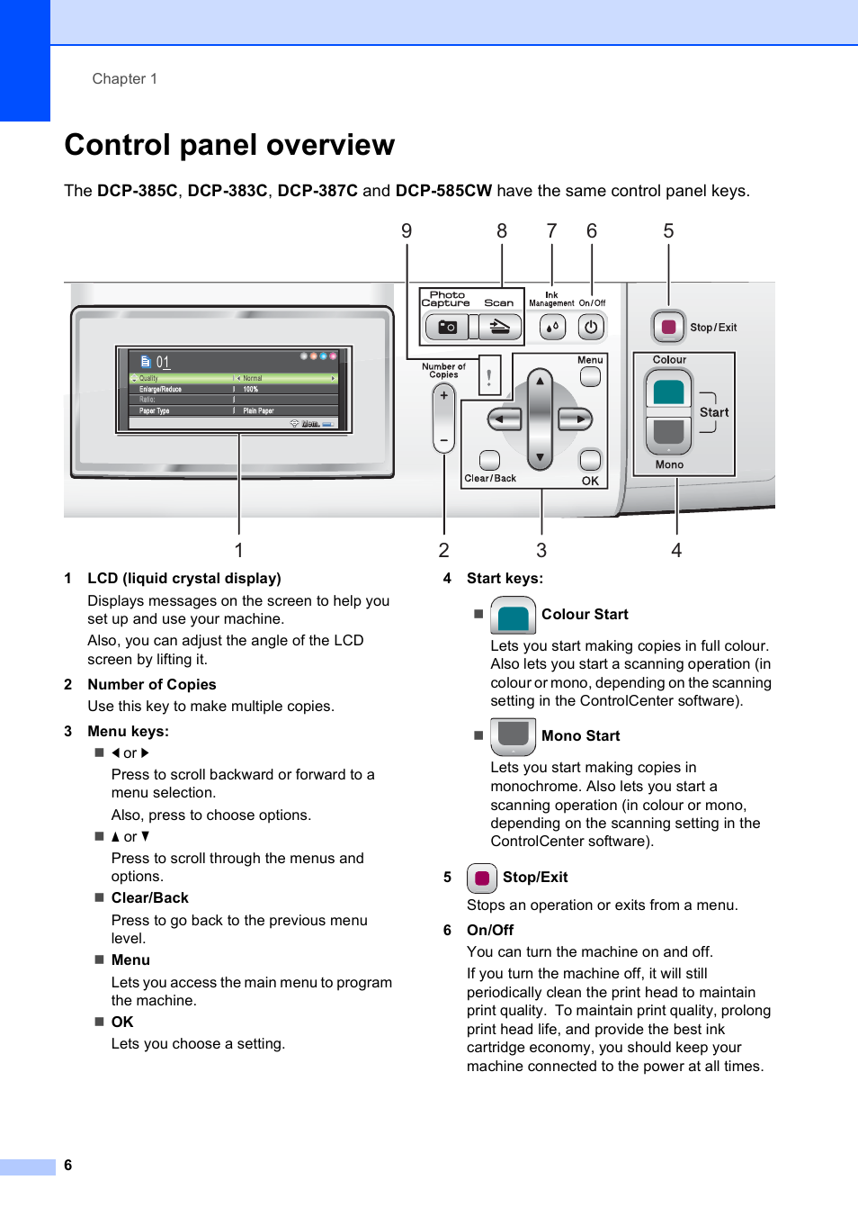Control panel overview | Brother DCP-585CW User Manual | Page 14 / 126