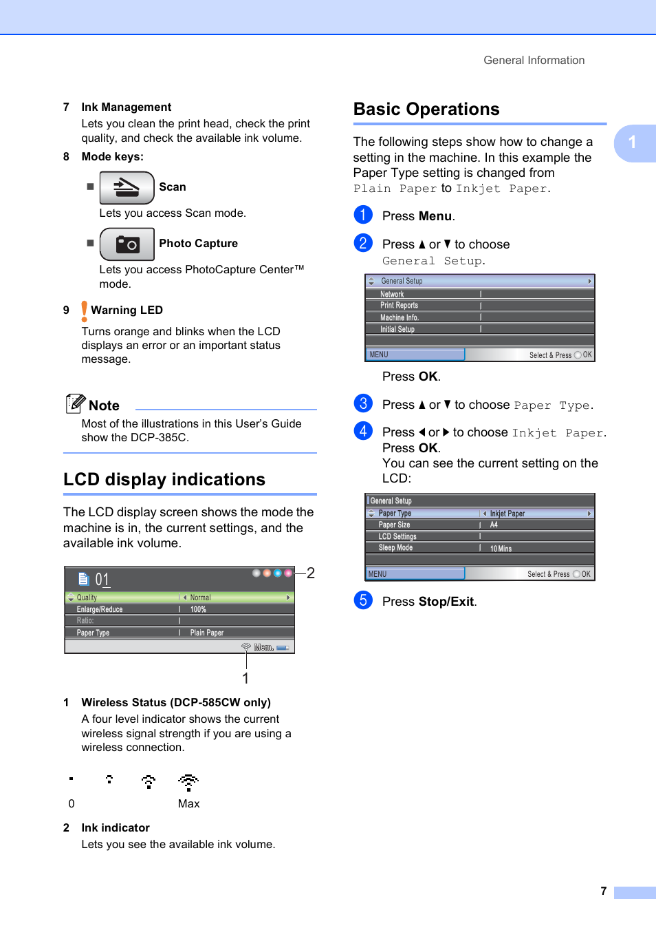 Lcd display indications, Basic operations, Lcd display indications basic operations | Brother DCP-585CW User Manual | Page 15 / 126
